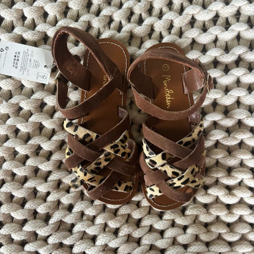 NEW Mini Boden size 31 Brown and Leopard Print Kids Sandals